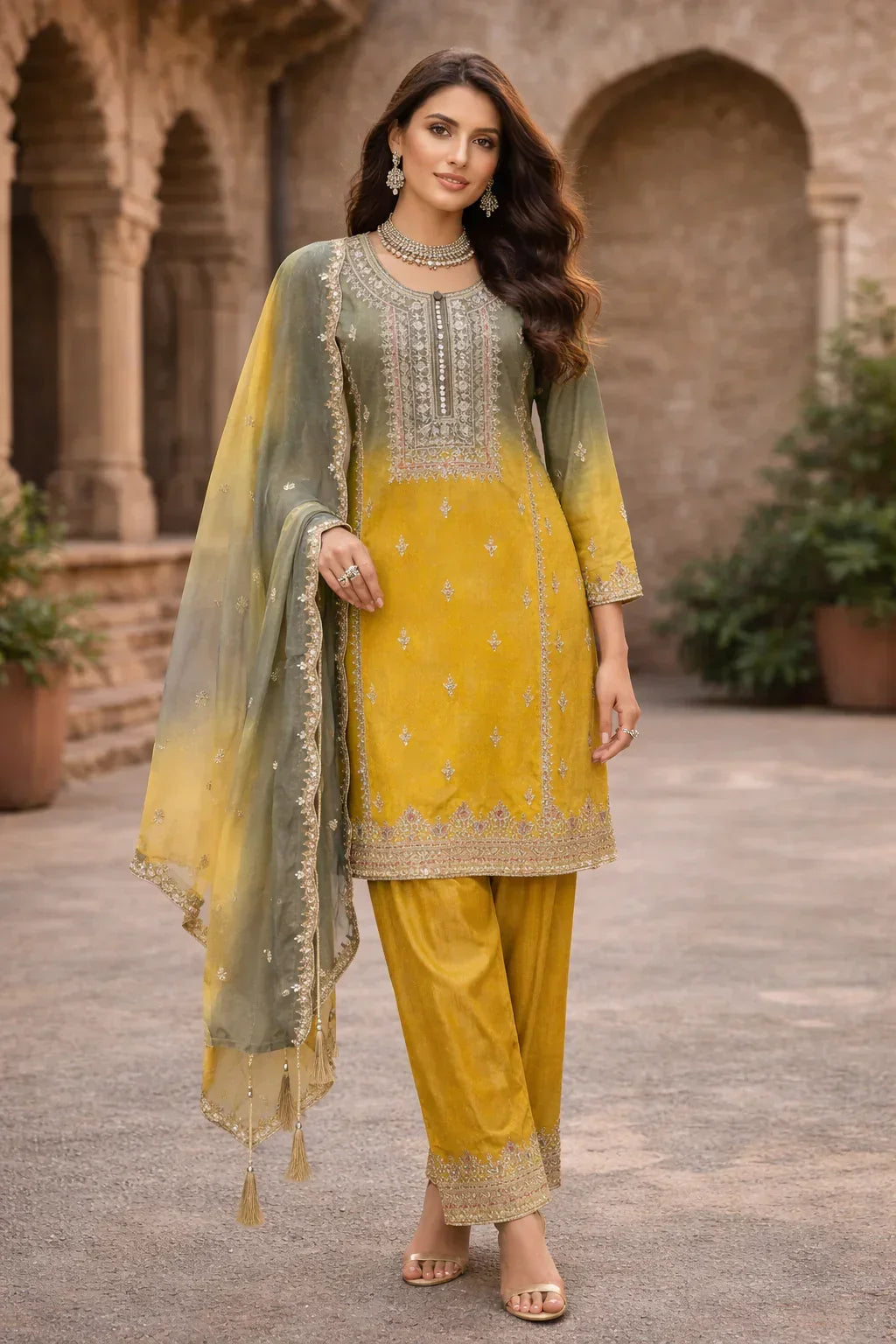 Woman in yellow embroidered ethnic suit with matching dupatta, outdoor heritage setting