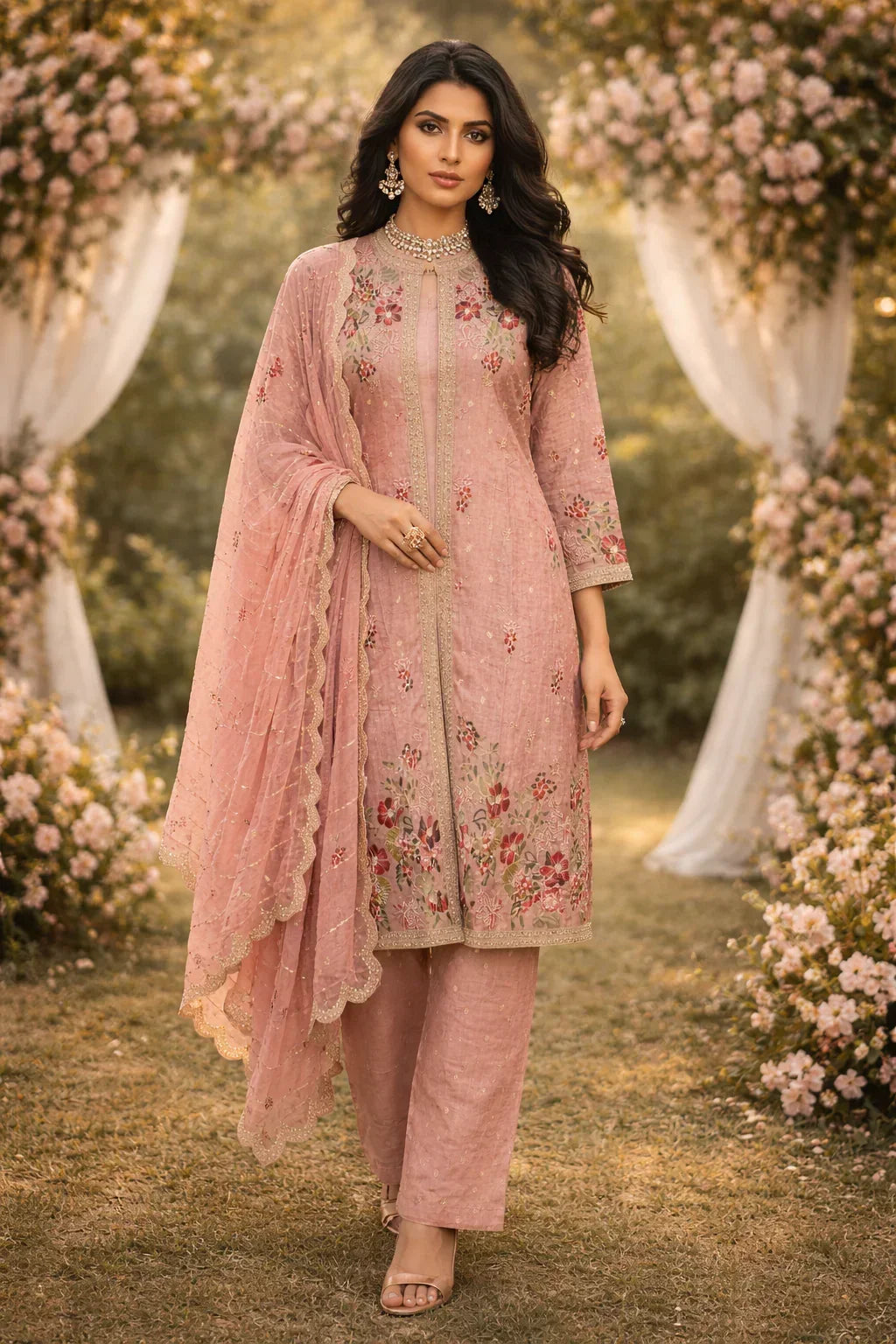 Woman in pink floral embroidered Anarkali suit with matching dupatta in garden setting