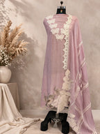 Lilac ethnic dupatta with white floral embroidery and lace border on mannequin