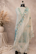 Pastel green floral embroidered ethnic dupatta displayed on a mannequin