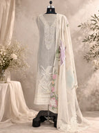 Ivory embroidered ethnic suit with floral dupatta on mannequin, luxury Indian attire