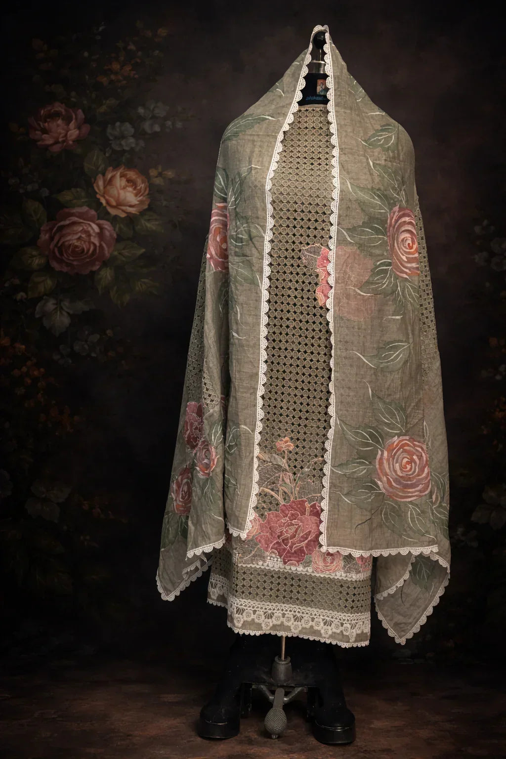 Mannequin wearing floral printed ethnic suit set with lace trim, sheer dupatta, and intricate patterns
