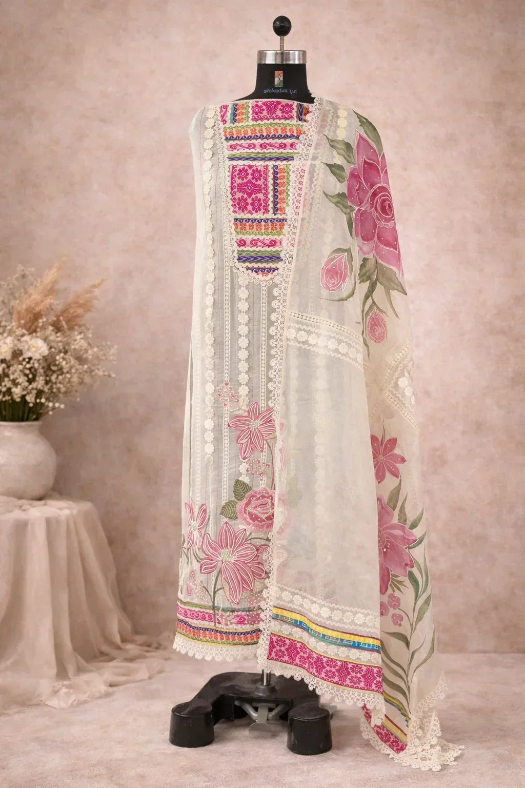 Ivory floral embroidered ethnic suit with pink and green accents on a mannequin