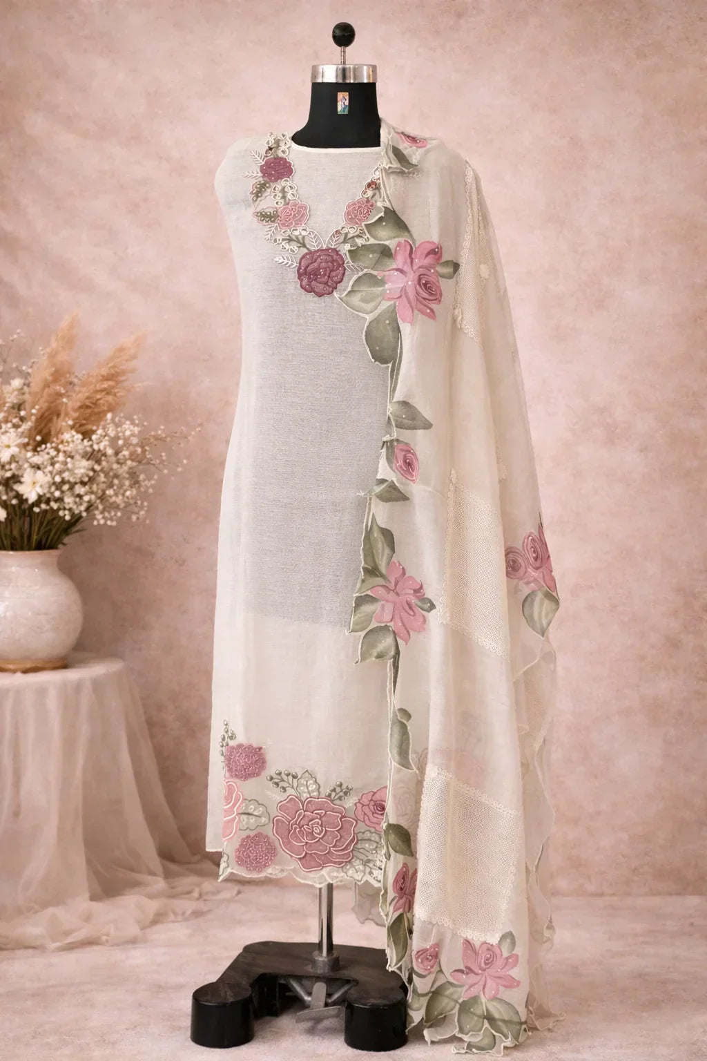 Ivory ethnic suit with sheer floral dupatta and embroidered pink flowers on mannequin