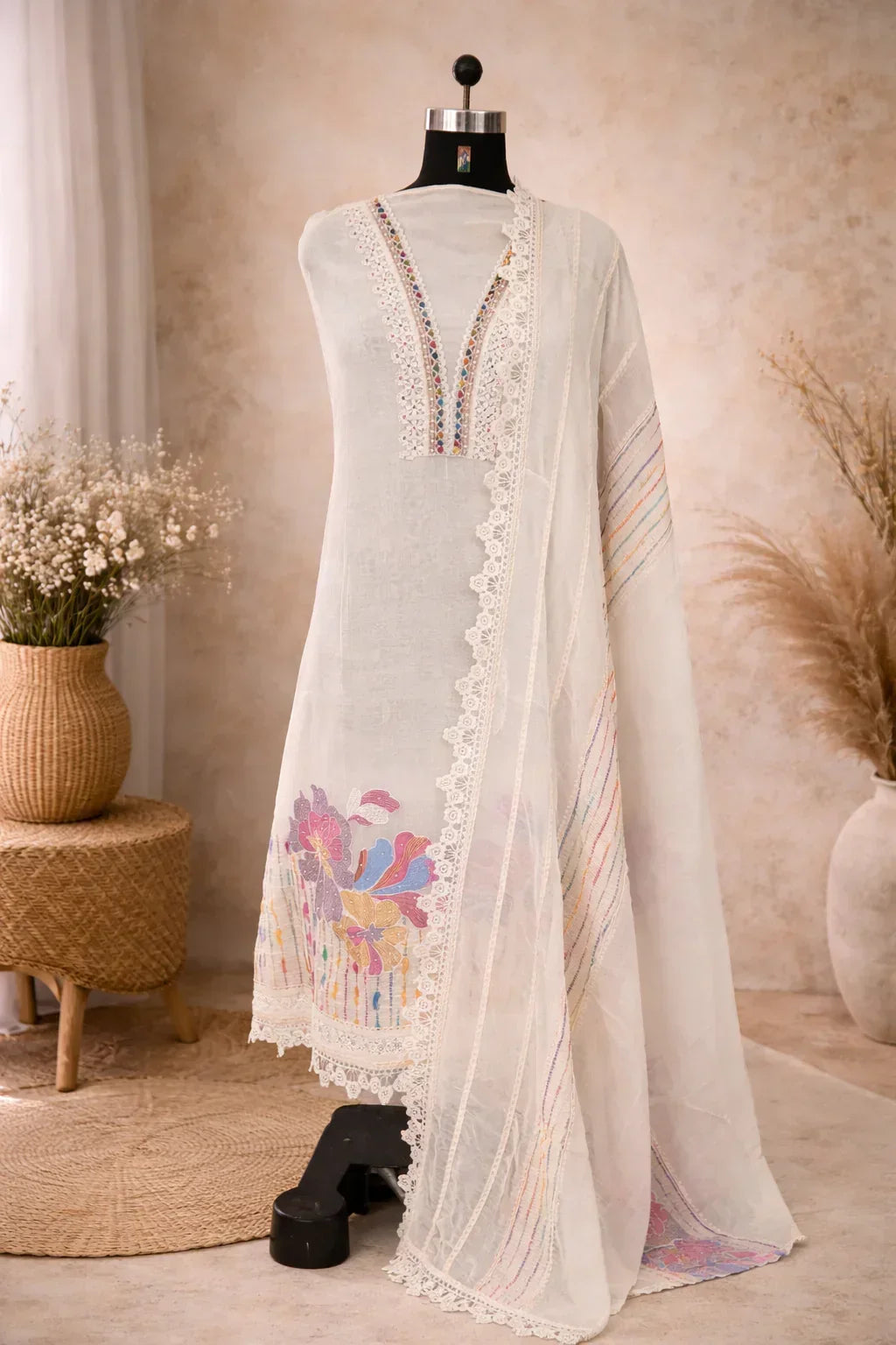 Ivory embroidered Anarkali suit with lace trim and pastel floral patterns on mannequin