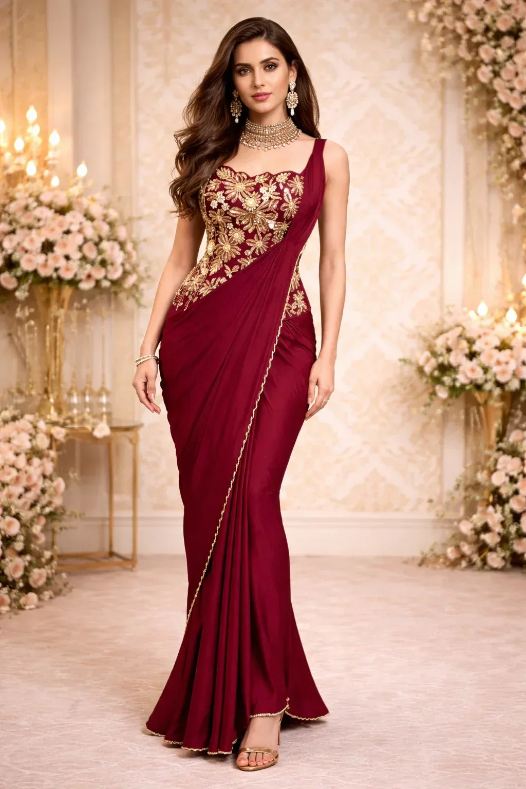 Woman in maroon embroidered designer saree with gold floral details, festive ethnic wear
