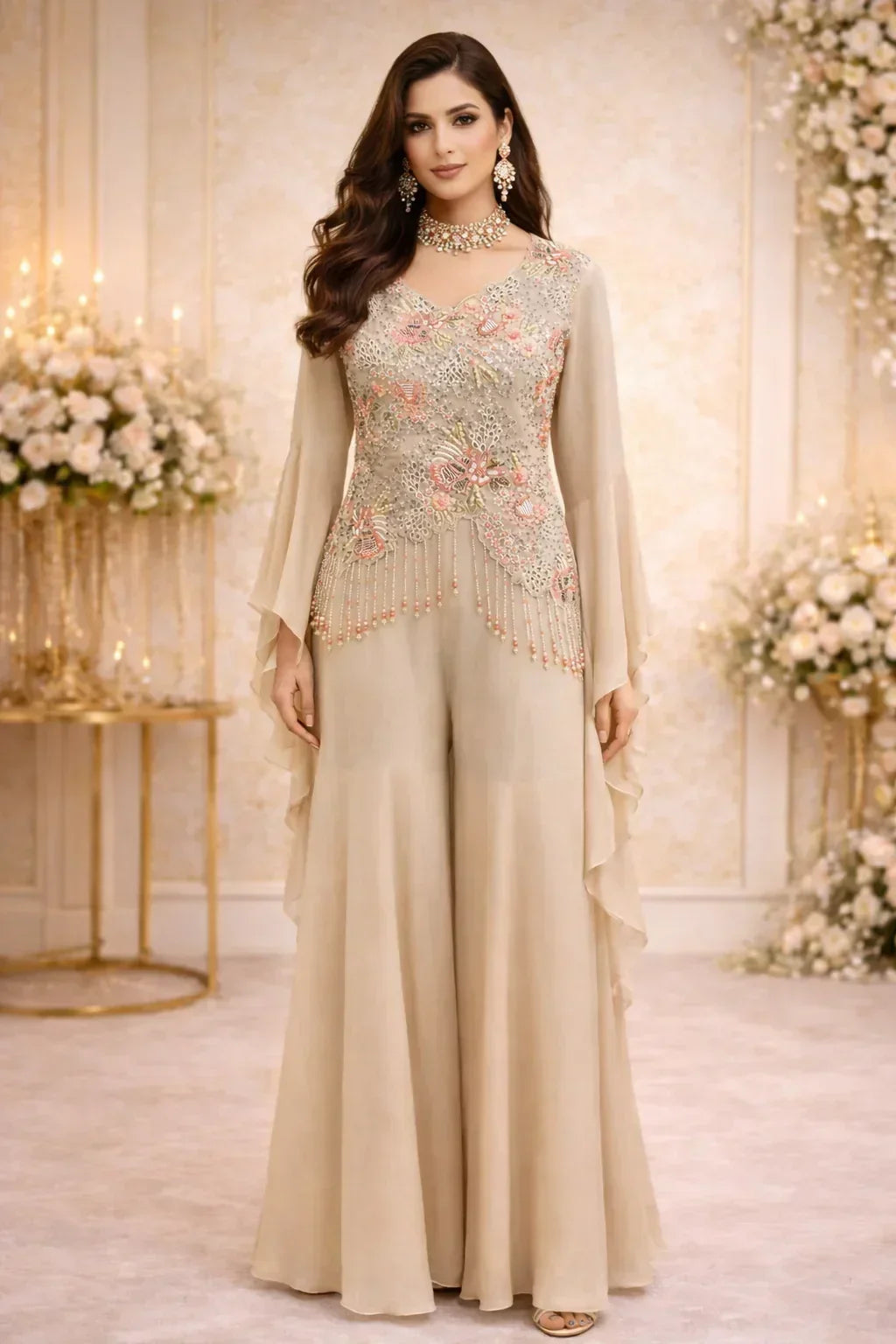 Woman in a beige embroidered ethnic suit with flared pants and floral jewelry, posed in a floral decorated setting.