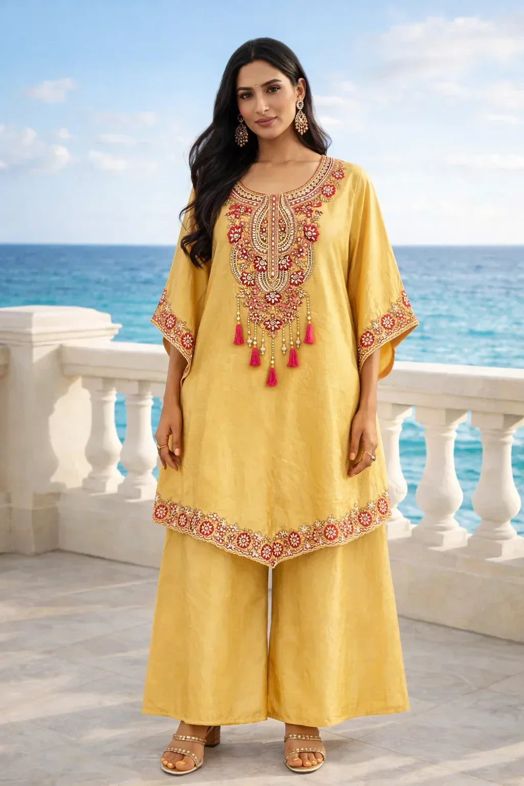 Woman wearing yellow ethnic palazzo suit with floral embroidery and tassel details, outdoor by the sea