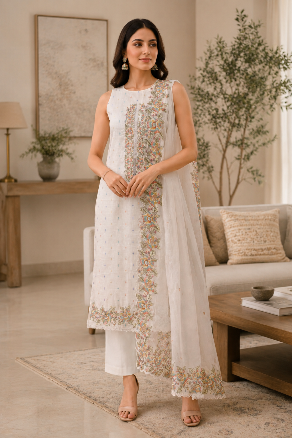 Pure Banarasi Mul set with elegant hand & machine detailing
