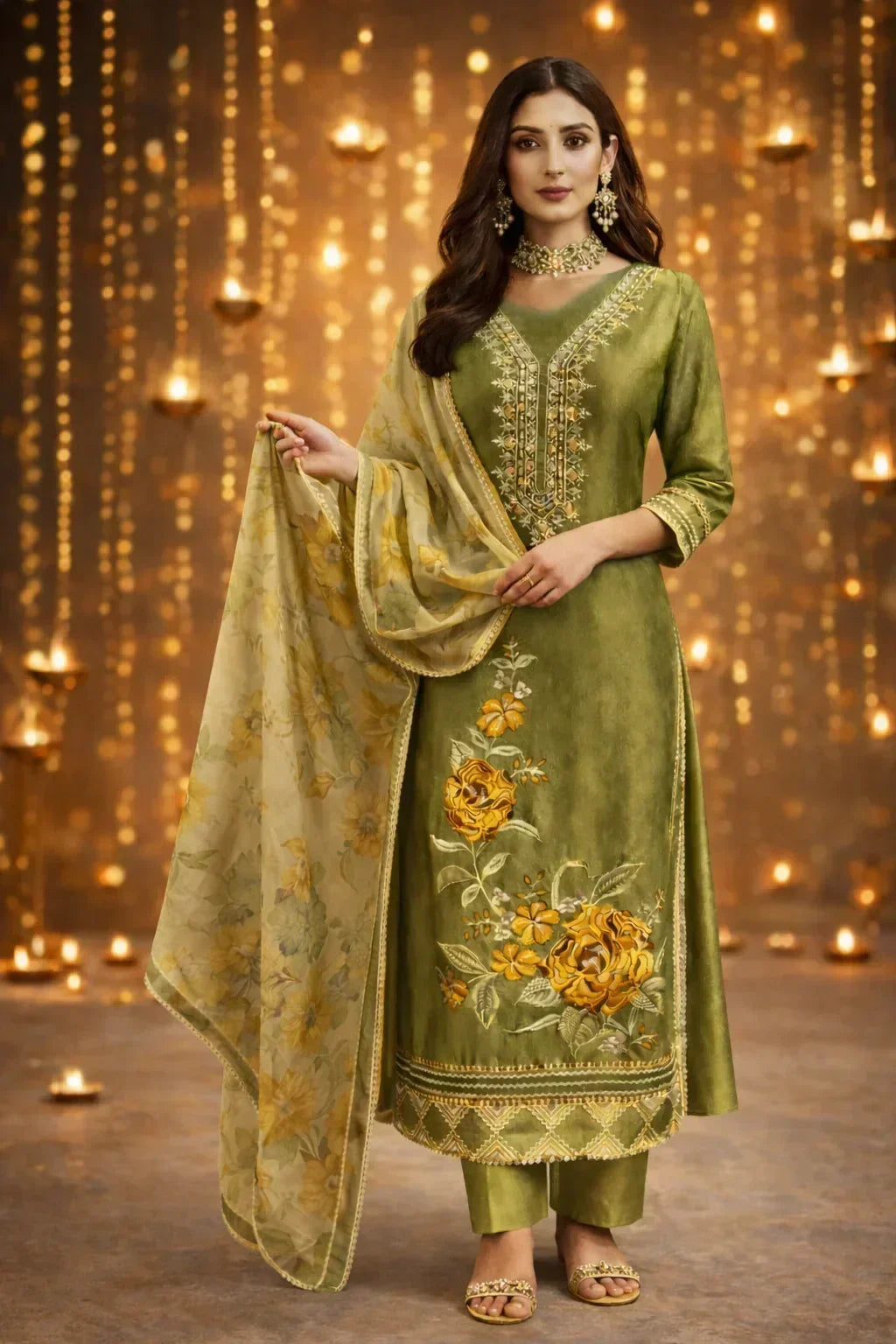 Woman in green embroidered Anarkali suit with floral dupatta, standing amid festive lights.