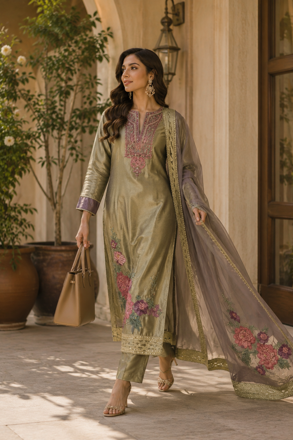 Banarasi Russian Tissue Suit with Mirror Embroidery, Burberry Dupatta & Upada Bottom