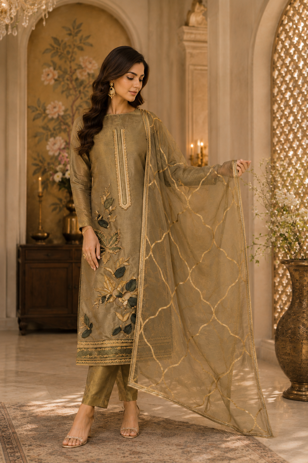 Elegant woman in olive-brown salwar kameez