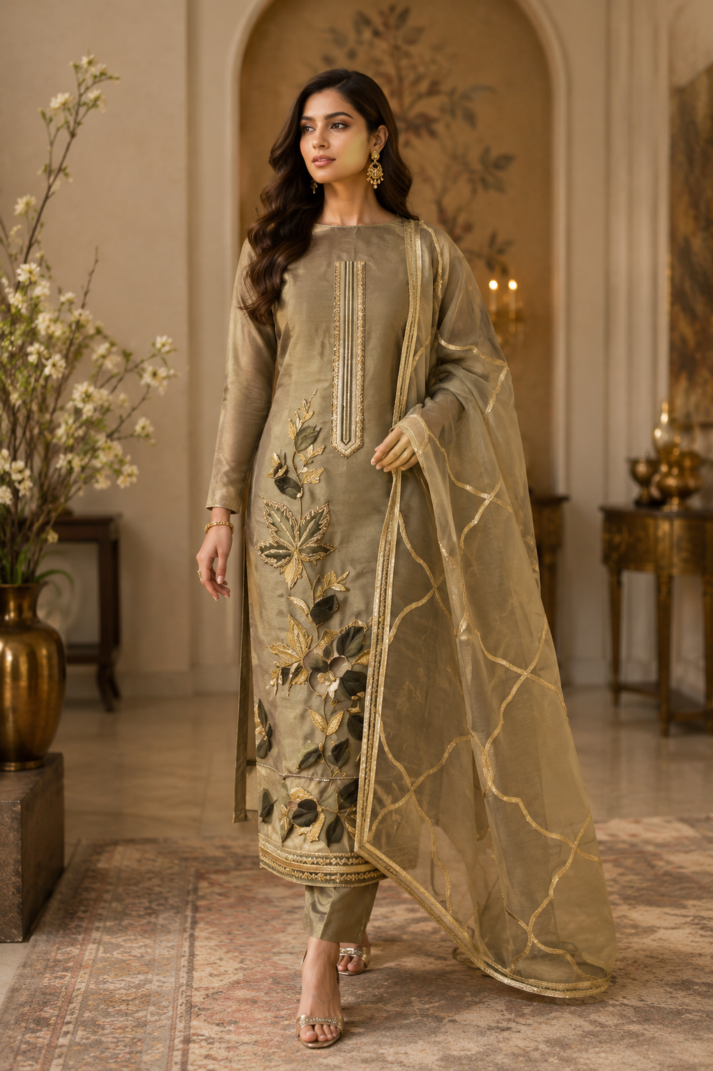 Elegant woman in olive-brown salwar kameez