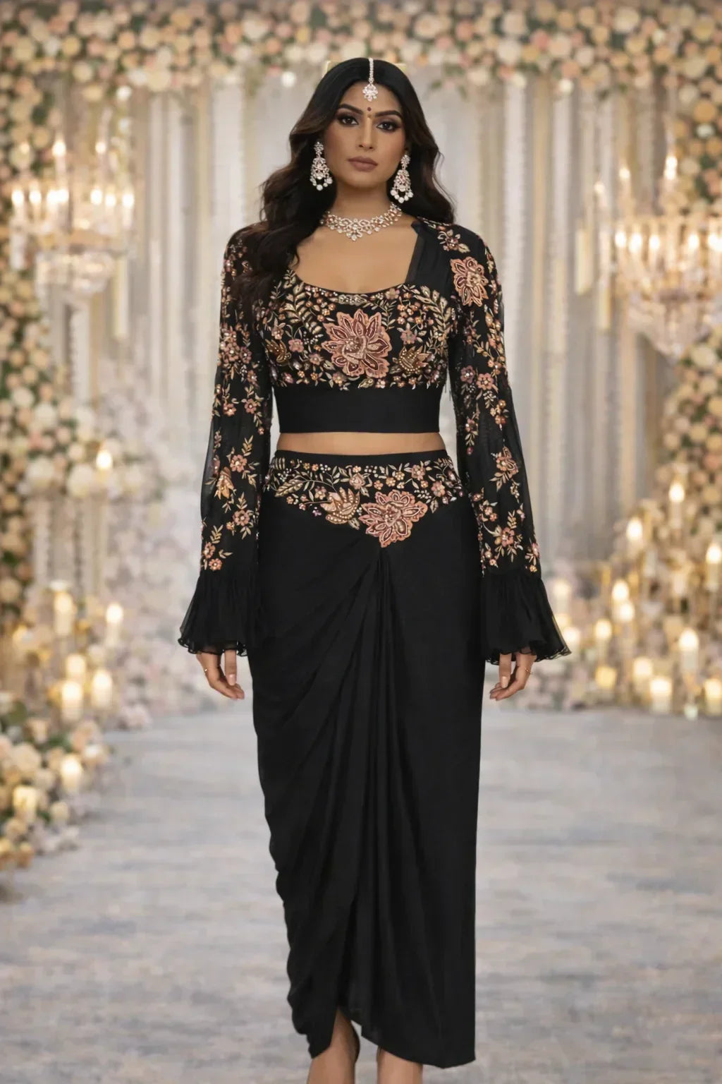 Woman in black floral embroidered ethnic saree gown, accessorized with jewelry, at a festive event.