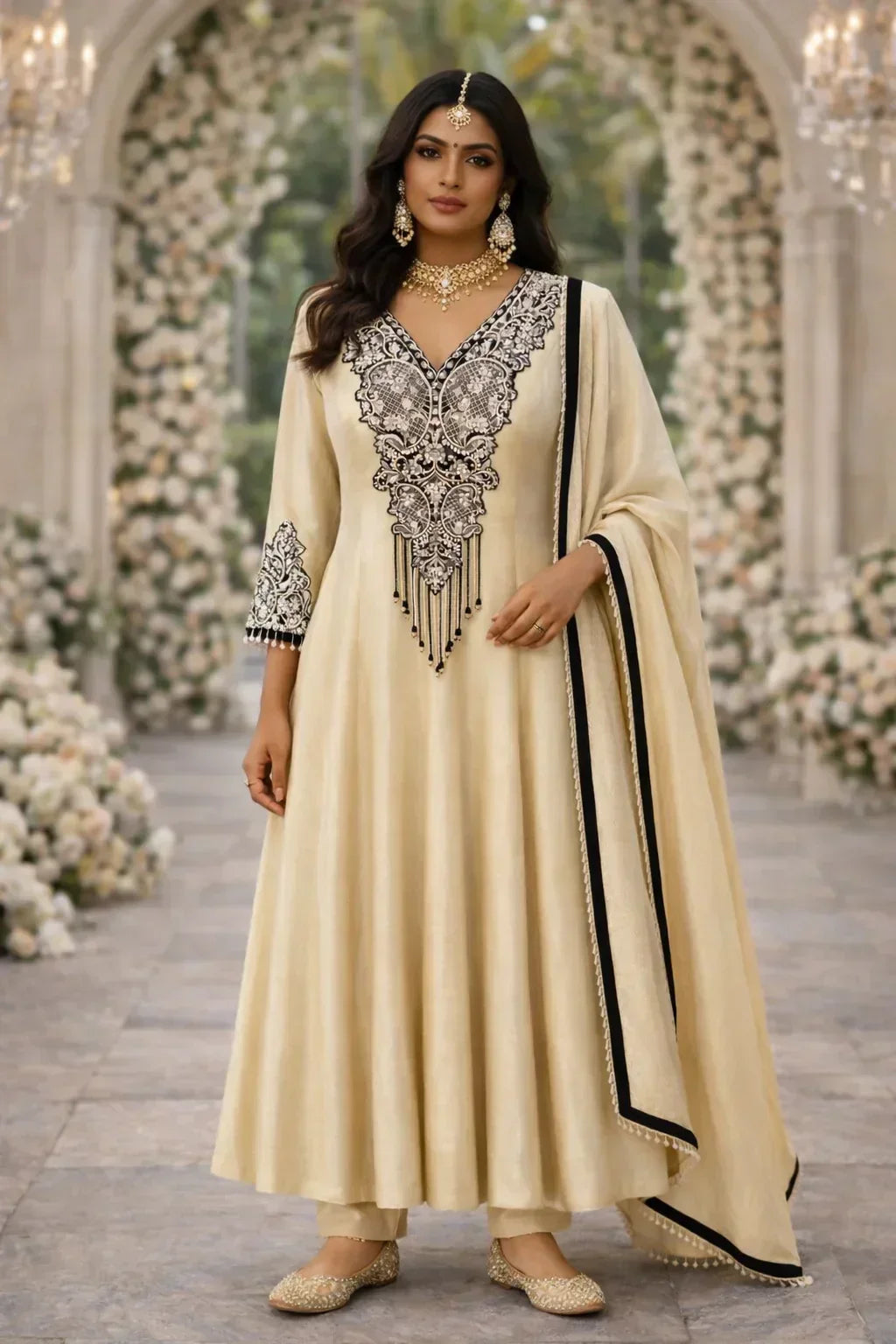 Woman in cream embroidered Anarkali suit with dupatta, floral backdrop, festive wear