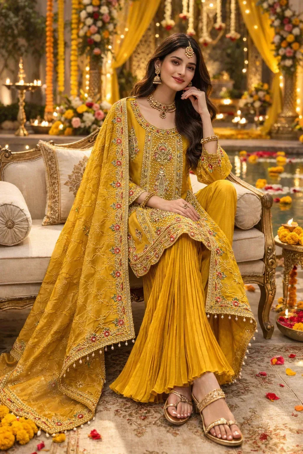 Woman in yellow embroidered Anarkali suit with dupatta, dressed for festive or wedding occasion, seated on a sofa in a floral decorated setting