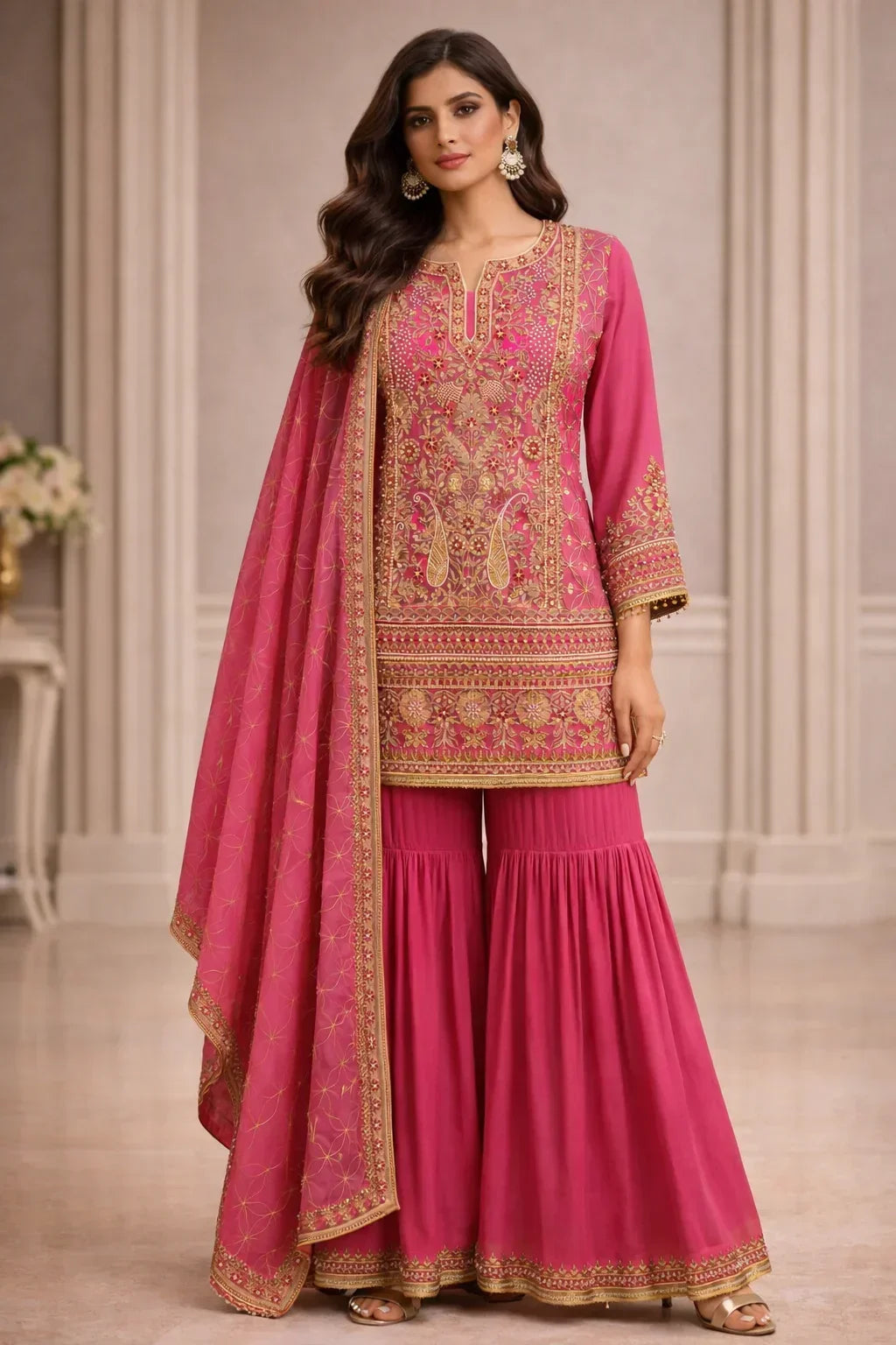 Woman in pink embroidered ethnic suit with flared pants and dupatta, festive wear