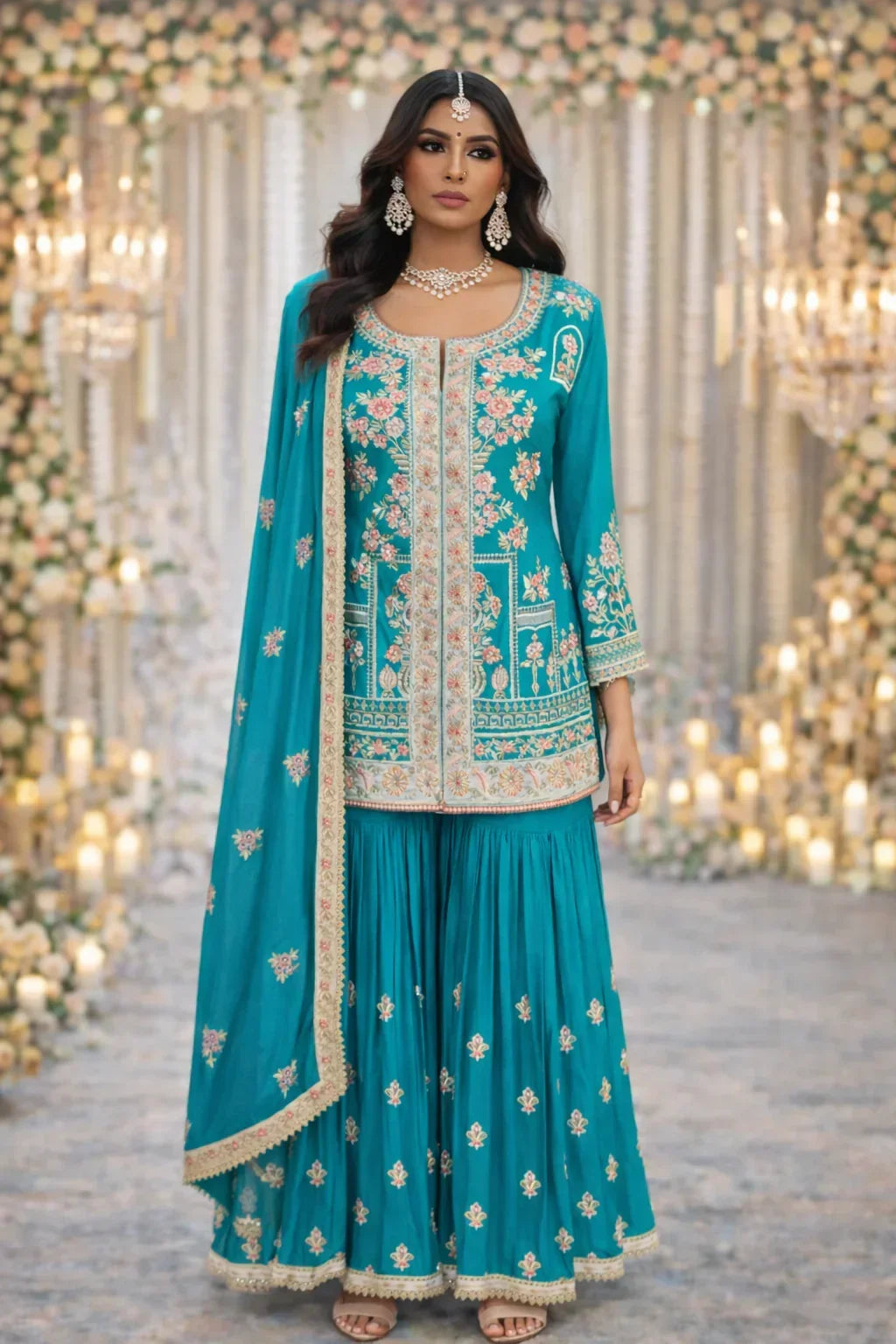 Woman in teal Banarasi Anarkali suit with floral embroidery, dupatta, and ethnic jewelry