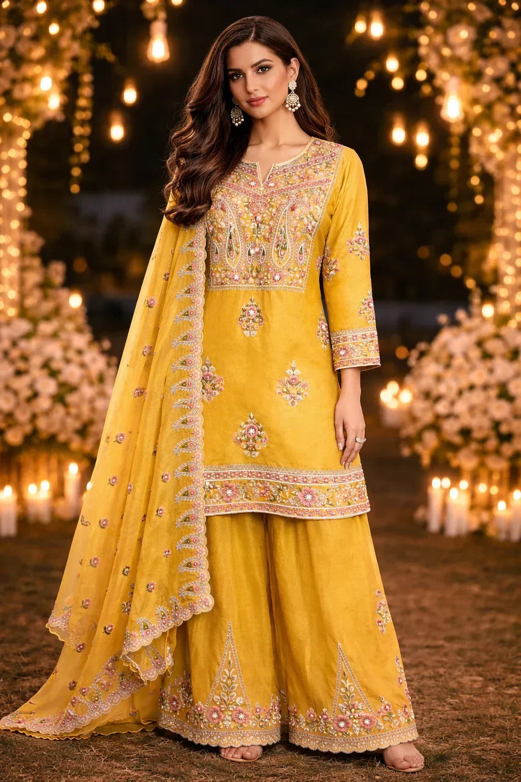 Woman in yellow embroidered Anarkali suit with matching dupatta, festive outdoor night setting