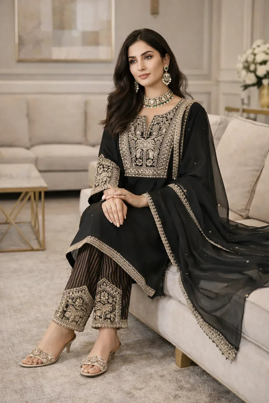 Woman in elegant black embroidered ethnic suit with dupatta, sitting in a modern living room