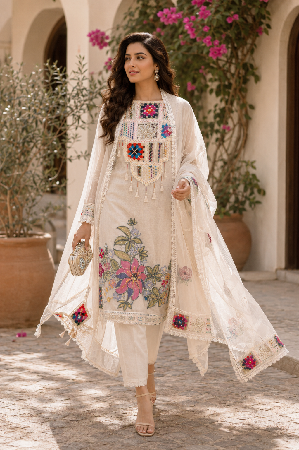 Pure Banarasi mul set with patchwork dupatta and fine hand & machine detailing