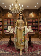 Woman in golden embroidered Anarkali suit with floral dupatta, standing in a luxury ethnic wear store.