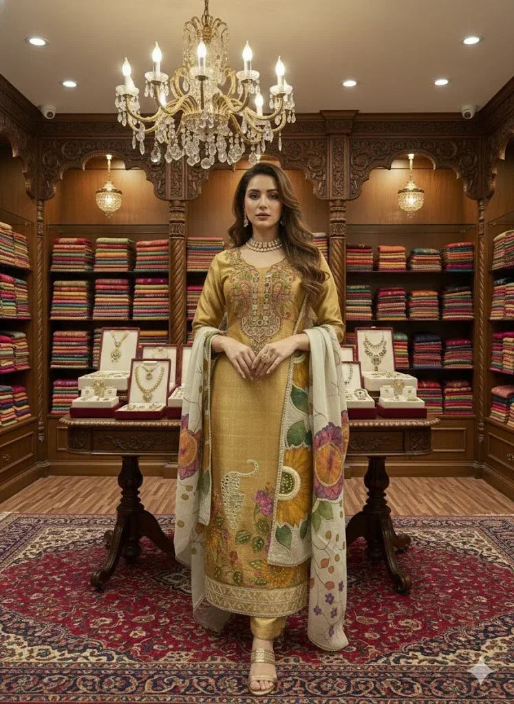 Woman in golden embroidered Anarkali suit with floral dupatta, standing in a luxury ethnic wear store.