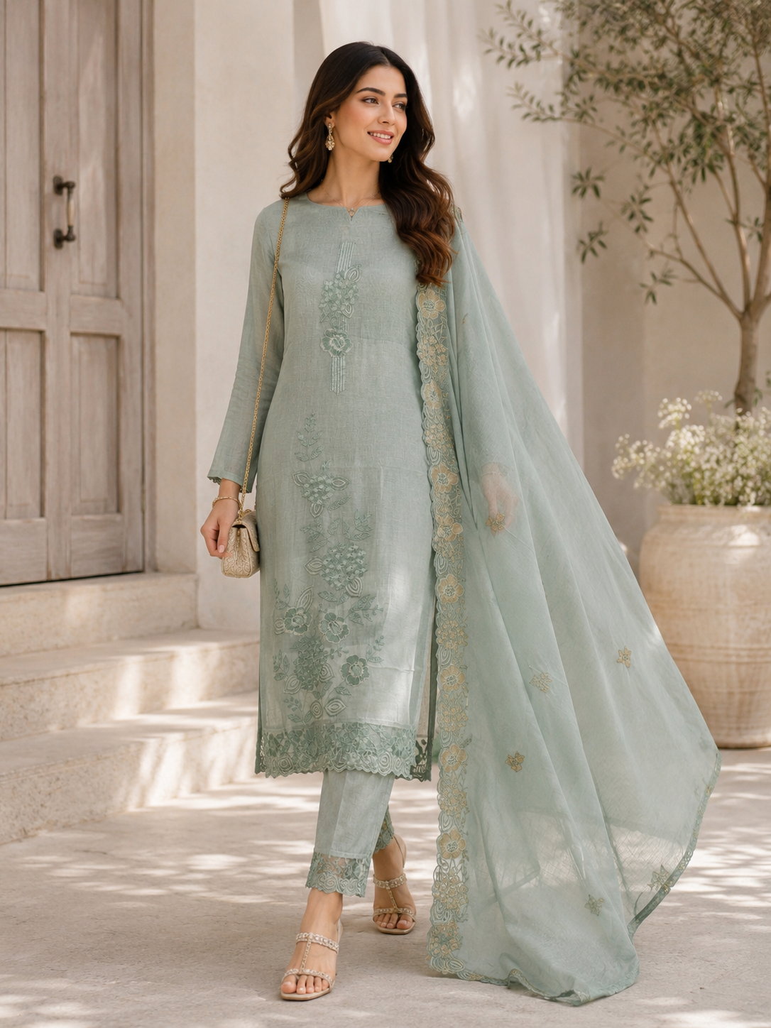Pure Banarasi Mul set with elegant hand & machine detailing