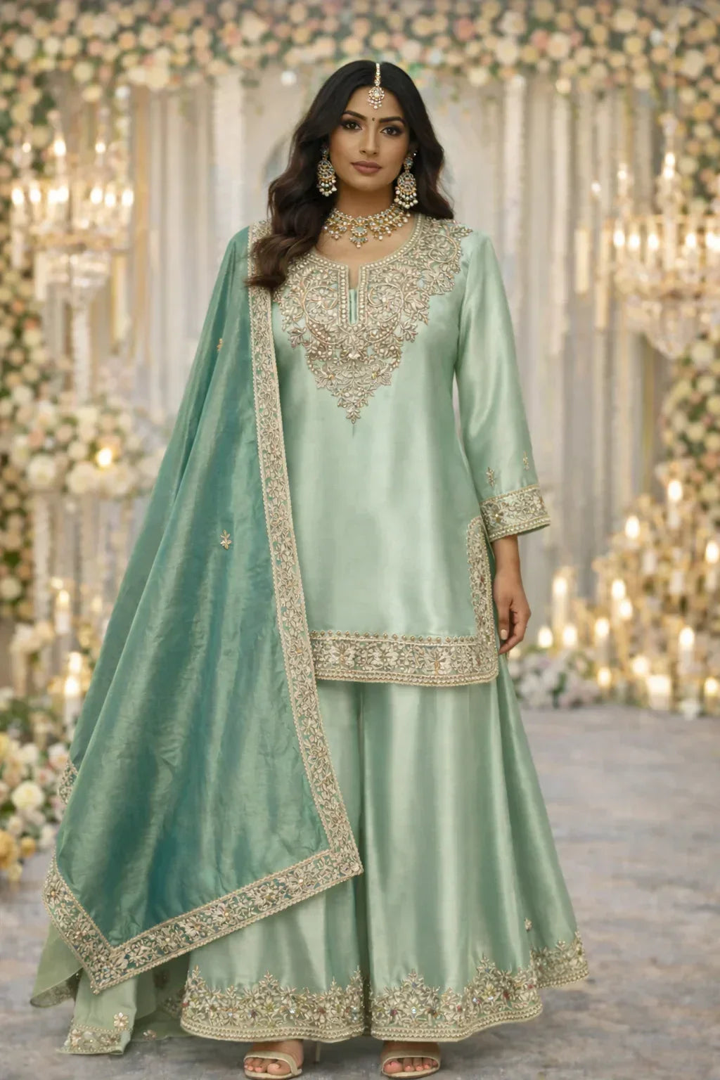 Woman in pastel green embroidered ethnic suit with dupatta, festive jewelry, floral backdrop