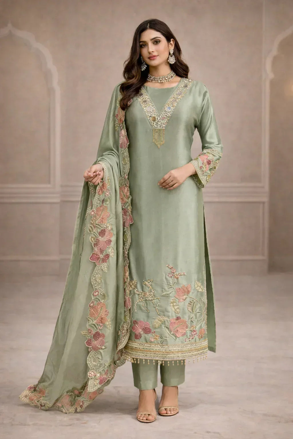 Woman wearing sage green embroidered Anarkali suit with floral dupatta, festive ethnic wear
