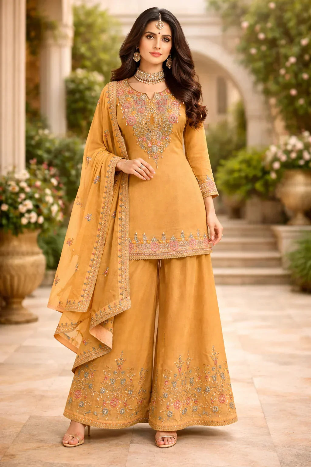 Woman in mustard yellow embroidered ethnic palazzo suit with dupatta, outdoor setting