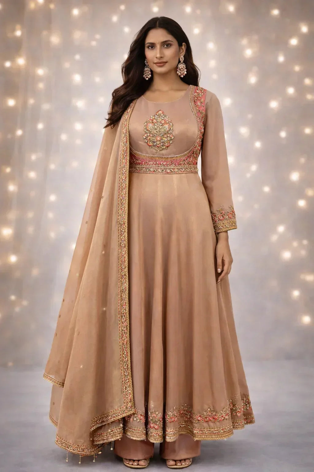 Woman wearing a beige Banarasi Anarkali suit with intricate embroidery, festive ethnic attire