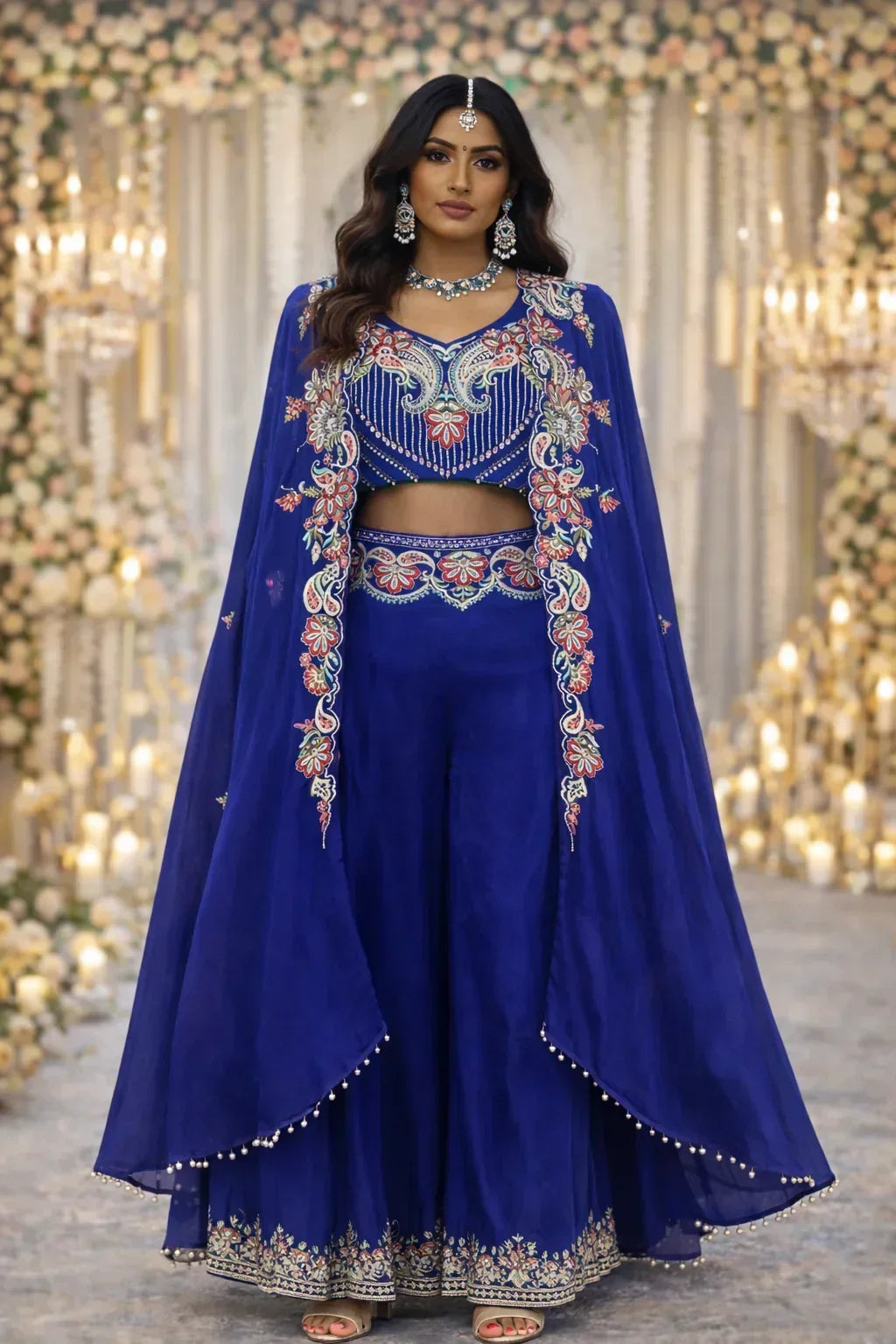 Woman in a royal blue embroidered ethnic suit with floral patterns, jewelry, and flowing cape, standing in a decorated festive setting.