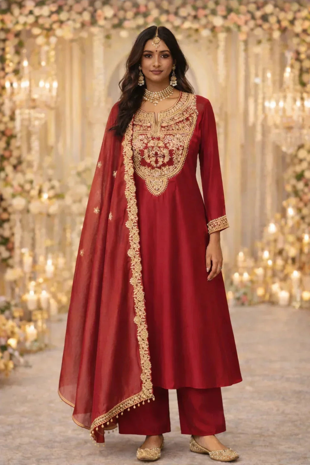 Woman wearing a red Banarasi Anarkali suit with gold embroidery, dupatta and jewelry, in festive setting