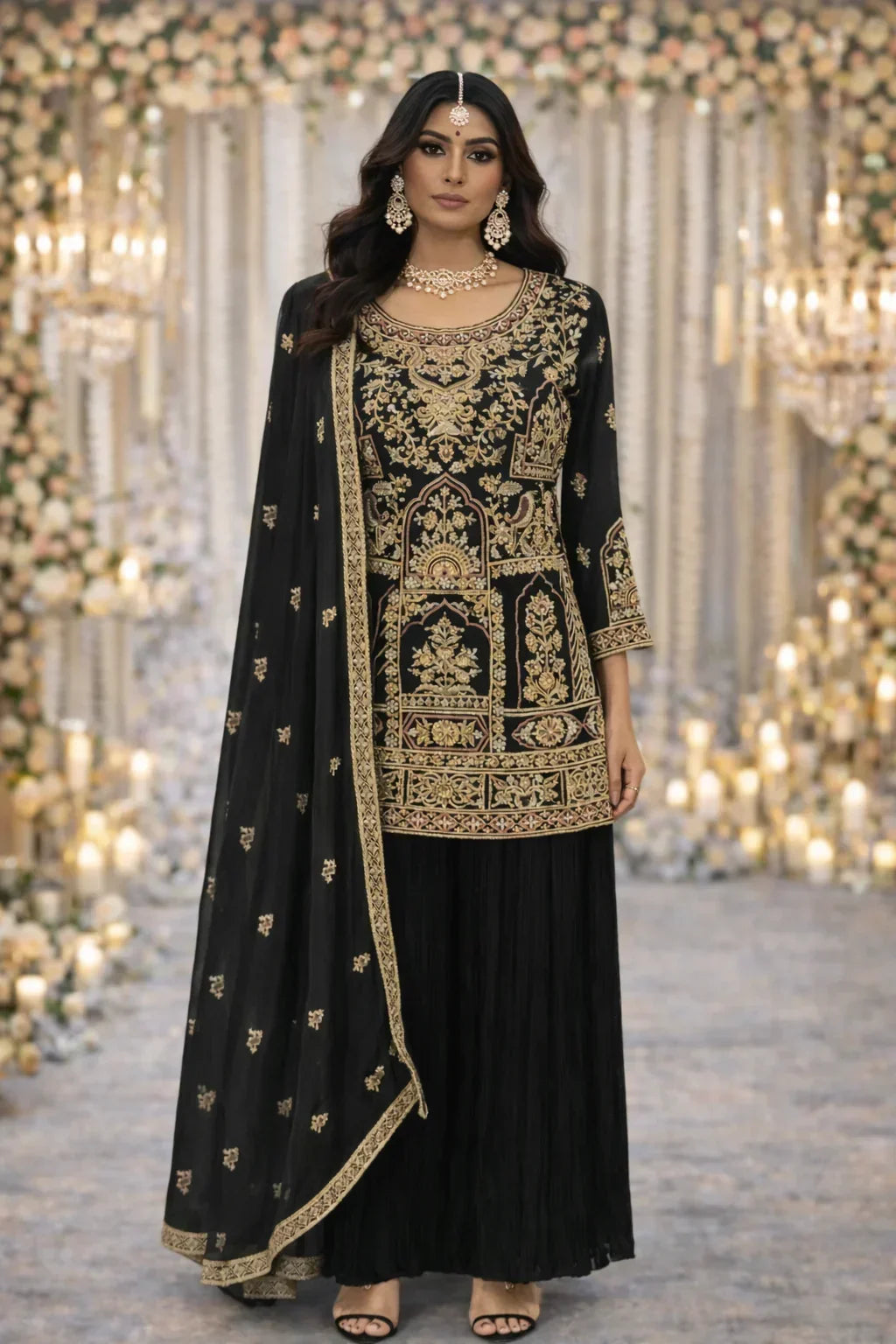 Woman in black and gold embroidered Anarkali suit with dupatta, wedding ethnic wear