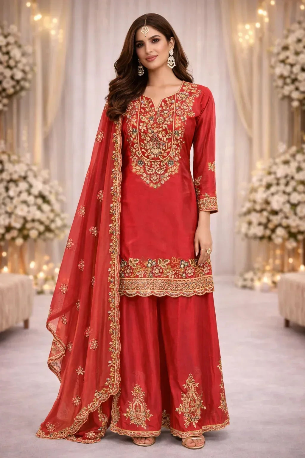 Woman wearing red embroidered Anarkali suit with dupatta, ideal for weddings and festive occasions