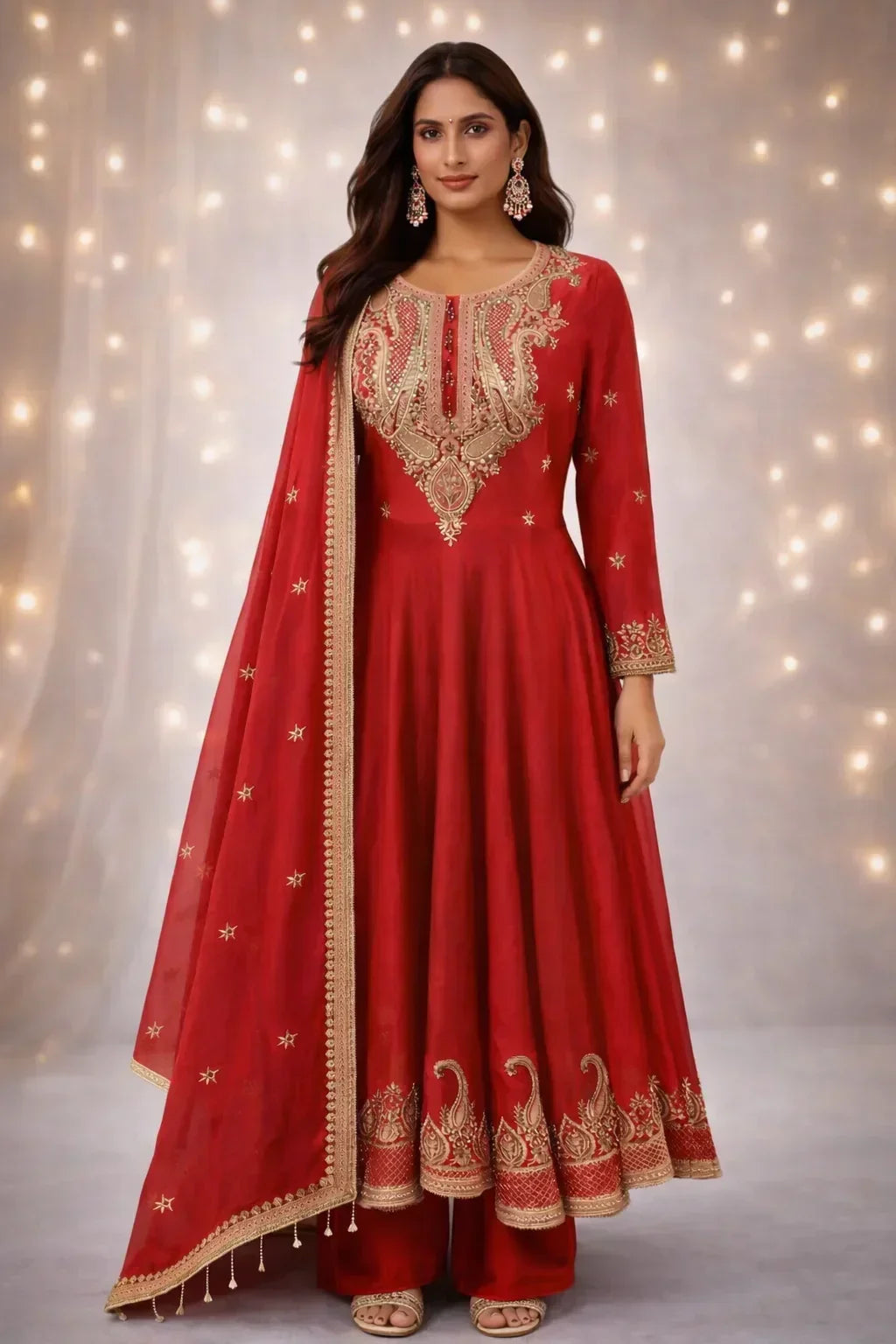 Woman wearing a red Banarasi Anarkali suit with gold embroidery and matching dupatta