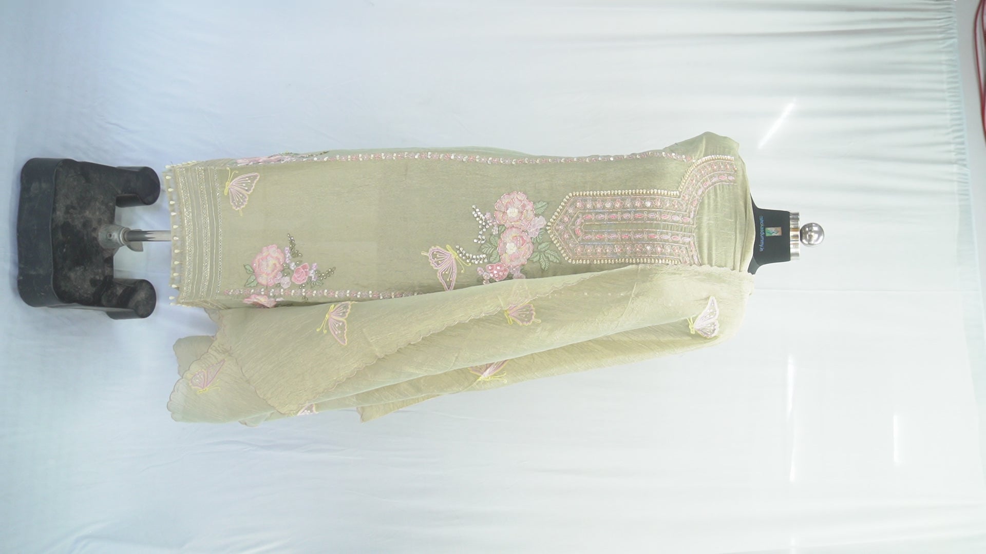 Bronze tissue top and dupatta, bottom Upada silk, handwork with multi thread and beads laces