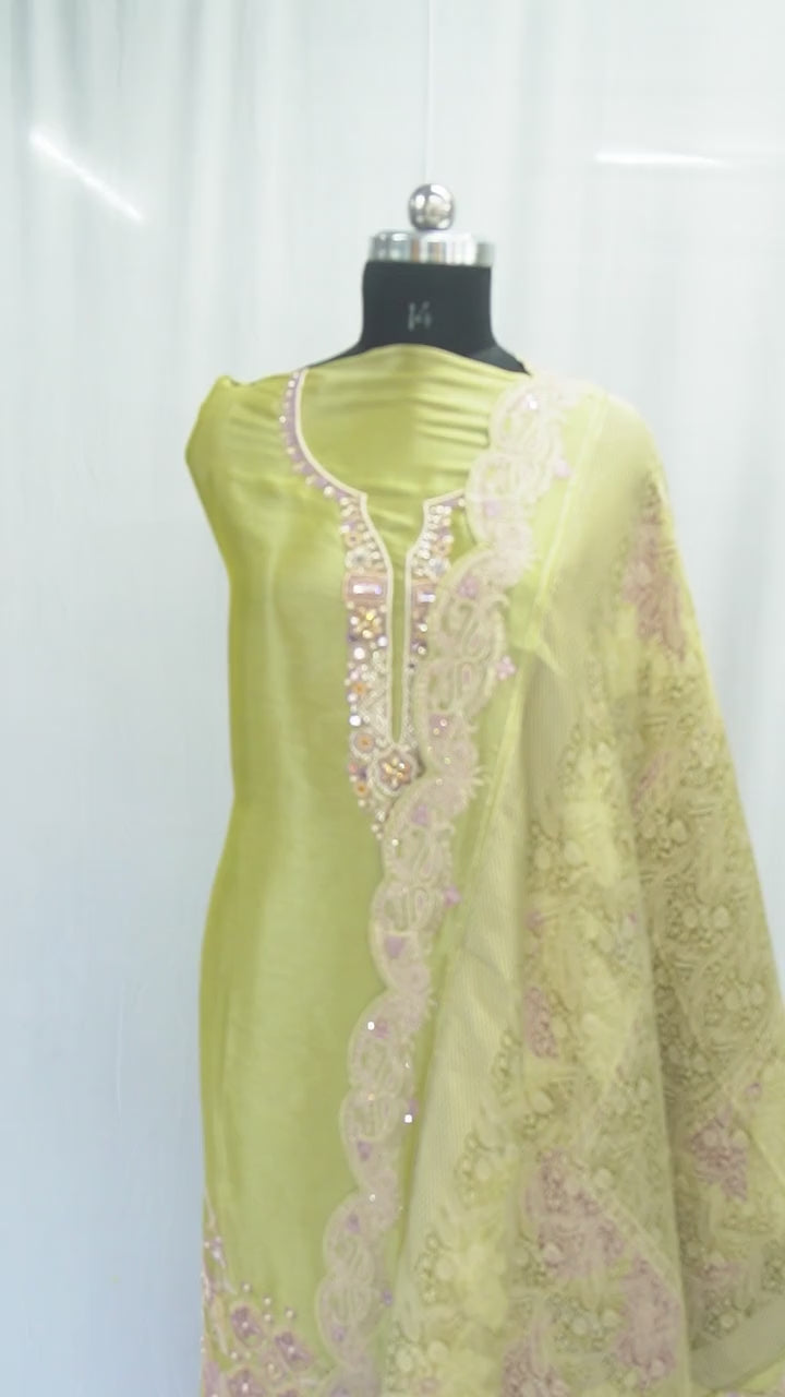 Jiraff silk top, jacquard dupatta, Upada silk bottom, thread and hand work